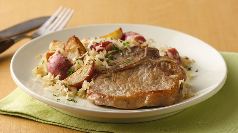 Pork Chops with Apples, Sweet Potatoes, and Sauerkraut